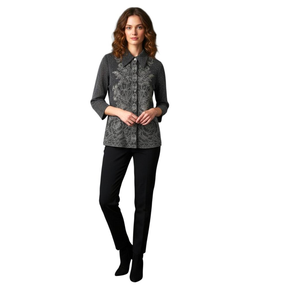 Vintage 1970’s Black & Silver Metallic Lurex Floral Disco Blouse